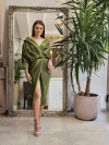 Rochie eleganta din tafta verde cu slit pe picior si falduri la bust si talie