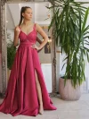 Rochie eleganta din tafta fucsia cu broderie si perle in partea superioara