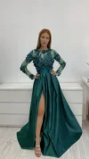 Rochie lunga din tafta verde cu broderie florala 3D
