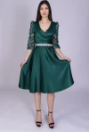 Rochie eleganta midi din tafta verde cu maneci din broderie florala