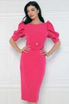 Rochie elegangta fucsia midi conica cu maneca scura bufanta si accesoriu la talie