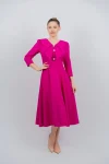 Rochie eleganta fucsia cu croiala in clos si volane la bust