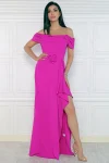 Rochie eleganta fucsia din material vaporos cu umeri cazuti