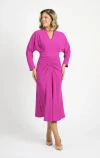 Rochie eleganta midi de culoare fucsia cu pense in zona taliei
