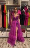 Rochie de ocazie din tull fucsia cu broderie florala 3D