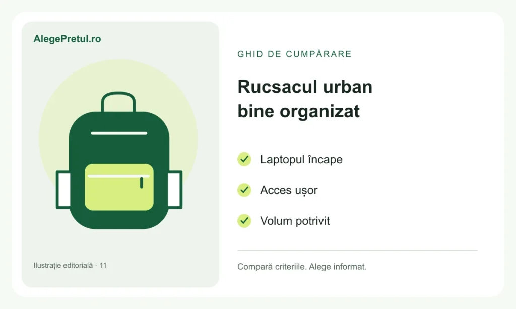 Ilustrație editorială: rucsac urban pentru laptop: ce verifici înainte să îl comanzi