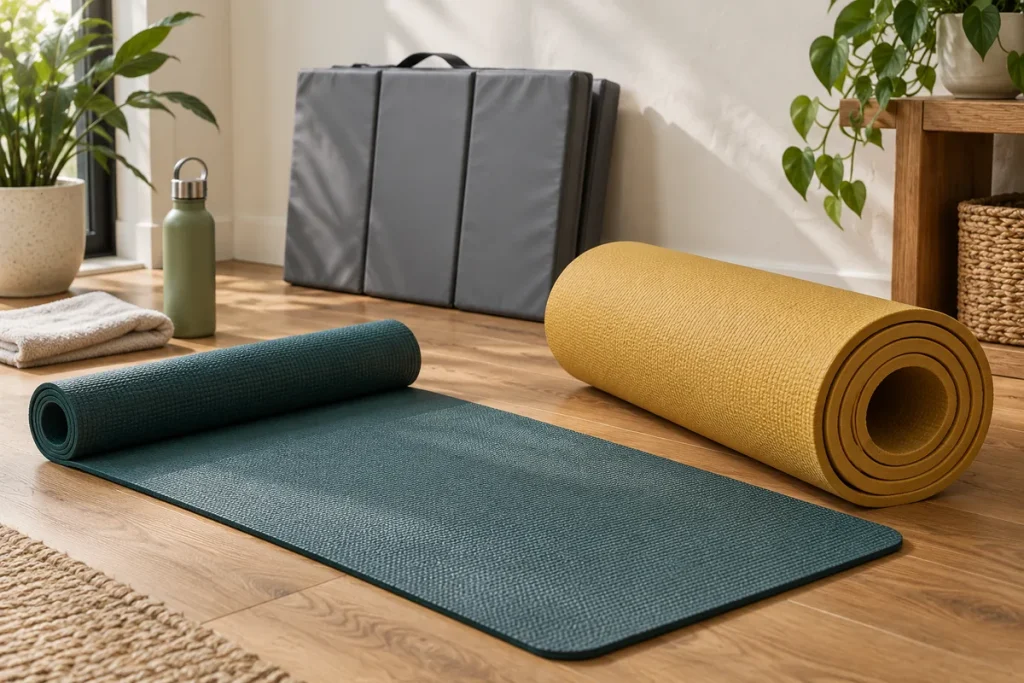 Saltea subțire de yoga desfășurată, saltea groasă rulată și saltea pliabilă într-un colț de antrenament