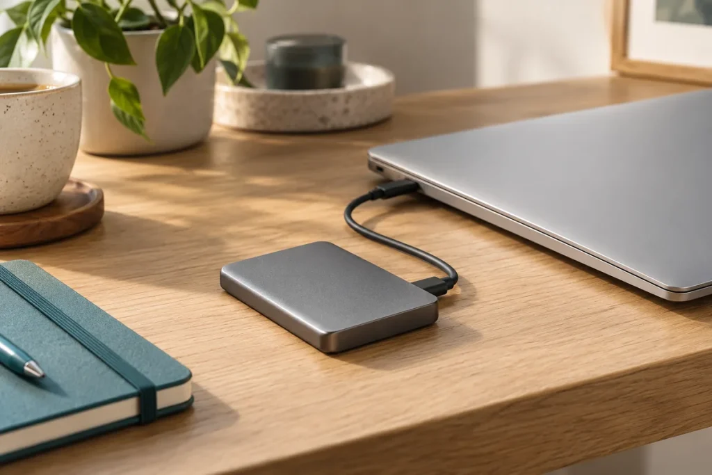 Ilustrație cu SSD extern și laptop pentru copii de siguranță