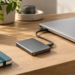 Ilustrație cu SSD extern și laptop pentru copii de siguranță