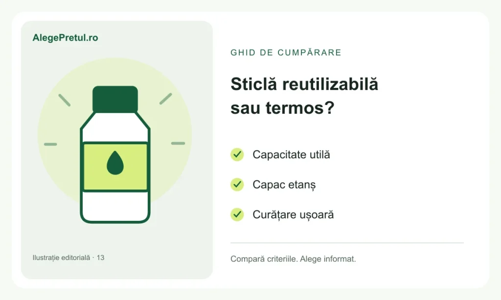 Ilustrație editorială: sticlă reutilizabilă sau termos: alegerea pentru drum și plimbări
