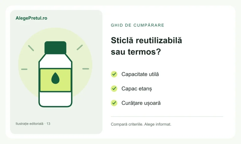 Ilustrație editorială: sticlă reutilizabilă sau termos: alegerea pentru drum și plimbări
