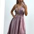 Rochie eleganta clos din voal fucsia cu broderie florala3D in partea superioara