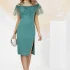 Rochie eleganta de culoare verde cu croiala in clos si lungime midi confectionata din dublu voal