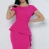 Rochie elegangta fucsia midi conica cu maneca scura bufanta si accesoriu la talie