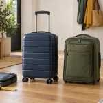 Două bagaje compacte, unul cu carcasă rigidă și unul textil, alături de un organizator și o ruletă